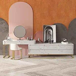 Vandana Interiors Contemporary Stone Top Makeup Vanity Set of 4 with Dresser & Stool & Mirror