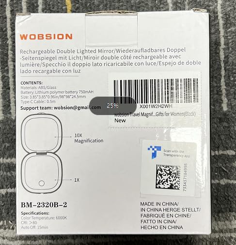 Back of the WOBSION product box, showing contents and specifications.