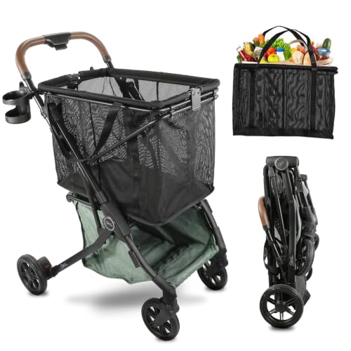 Strolee Stability Shopping Cart On Premium Wheels Lightweight Aluminum Frame Removable Shopping Bag with Carry Strap & Lower Grocery Storage 75Lbs Storage Capacity (Sage)