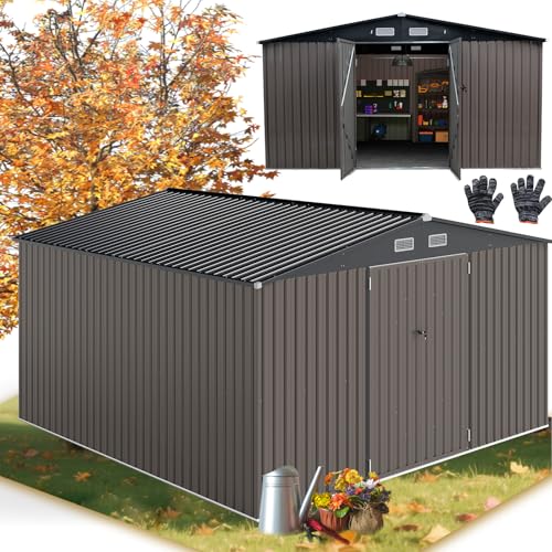 RELAX4LIFE Abri de Jardin en Métal 350x350x198cm, Cabane de Stockage 25m3 12m2 avec 2 Portes, Toit Incliné, Fenêtre de Ventilation pour Vélo Tondeuse,...