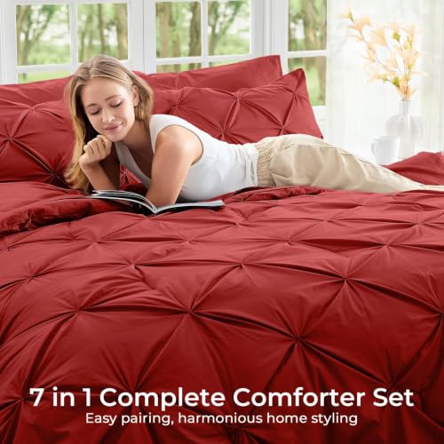 Image of Sasttie Full Size Comforter Set, 7-Piece Bed in a Bag Double, Pintuck Bedding Set for All Season, Includes Comforter, Flat Sheet, Fitted Sheet, Pillowcases and Pillowshams, Red