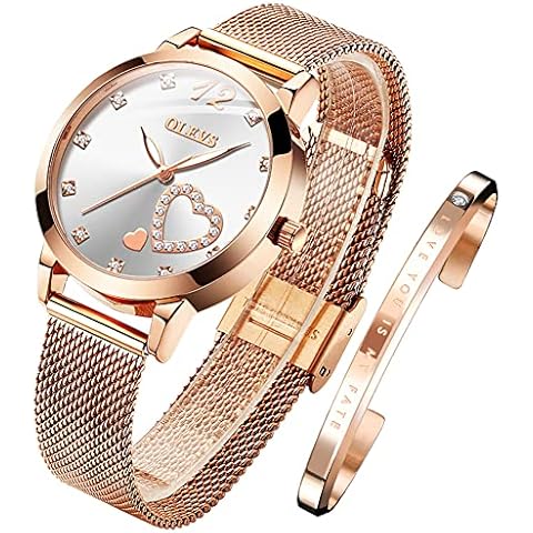 OLEVS Ladies Watch Japanese Quartz Rose Gold Stainless Steel Mesh Strap Diamond Luxury Dress Waterproof Luminous Bracelet Sets (White) Cover
