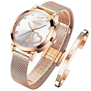 OLEVS Damenuhr Roségold mit Herz Diamant Schwarz Weiße Gesicht Quarz Armbanduhr Wasserdicht Gürtel Armreif Set