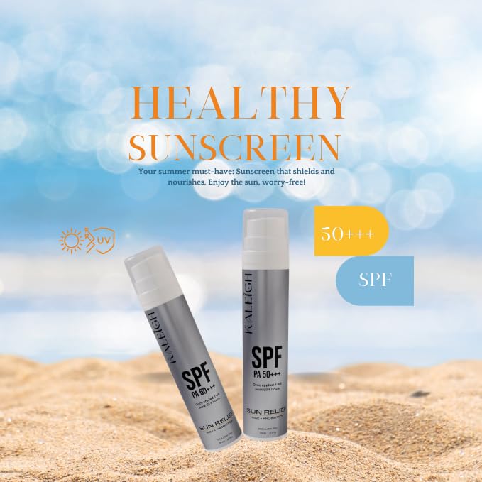 Image of KALEIGH Sunscreen SPF 50 PA+++ | Protection Against UVA & UVB | Water & Sweat Resistant, No White Cast, Non Greasy | Lightweight & Fast Absorbing for All Skin Types | Broad Spectrum Sun Relief Sunscreen for Men & Women| 50ml
