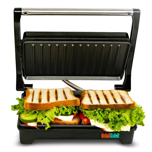 SOLARA Sandwich Griller and Toaster, 750W Electric Sandwich Maker, Non Stick Fixed Grill Plates 4 slices, Auto Cutoff, Non Toxic BPA Free, PTFE & PFOA Free, Easy to Clean, Power Indicators, Black