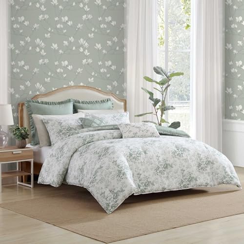 Image of Laura Ashley - Twin Comforter Set, Cotton Floral Bedding with Matching Sham & Bonus Decorative Pillow Covers, Oeko-Tex Certified, Dorm Essentials (Toile Delight Green)