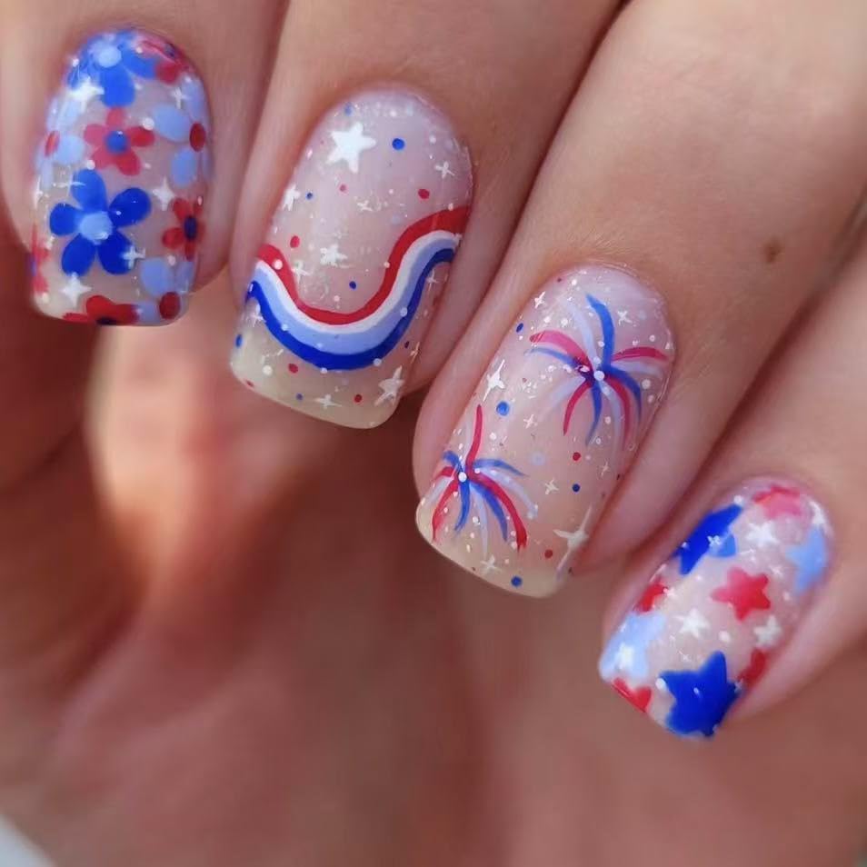 Mkwntg 24Pcs Independence Day Press on Nails Medium Almond Fake Nails with Colorful Flower Design 4th of July Acrylic False Nails Firework Glue on