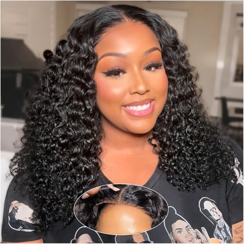 omswet Deep Wave Human Hair Bob Wig 5x5 HD Lace Closure Glueless Wear and Go Wigs for Black Women 200 Density Wet and Wavy Human Hair Wig Pre Cut Pre Plucked Bleached Knots Deep Curly Bob 16 Inch