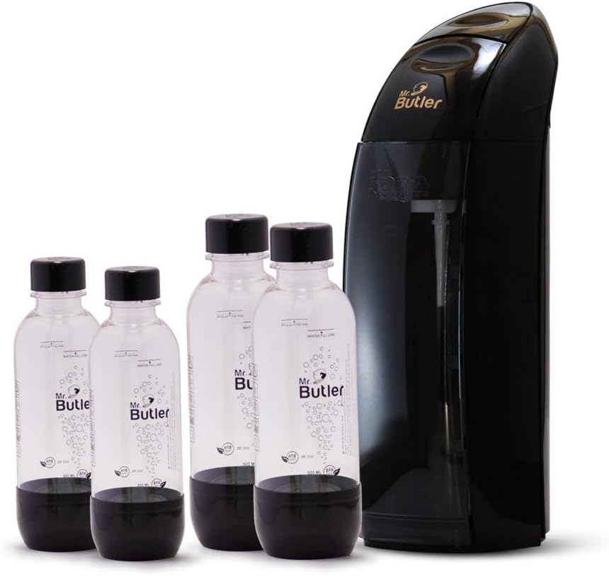 Mr. Butler Italia Soda Maker Black – Jumbo Pack with 2 cylinders and 4 PET Bottles