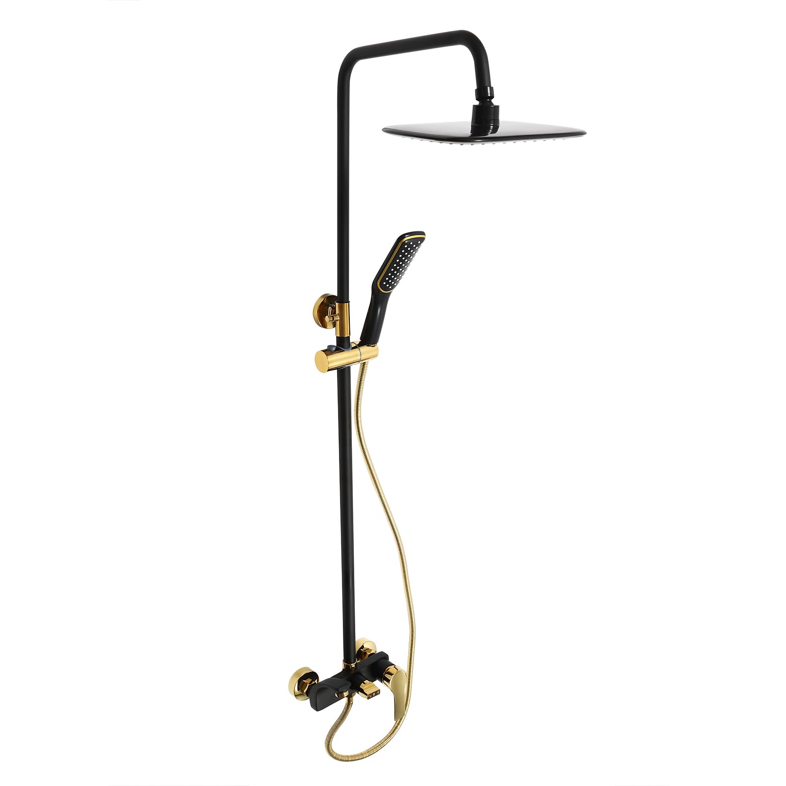 Set doccia con doccetta, colonna doccia regolabile in altezza 85-125 cm, rubinetto doccia con 3 uscite e termostato, montaggio a parete (nero/oro)