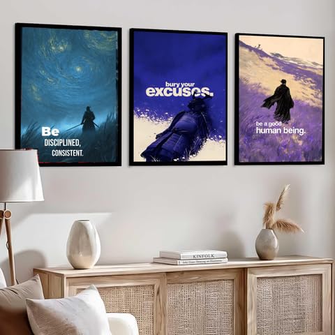 Image of DAKSHESTRY ARTWORKS Set of 3 Samurai Motivational Wall Art Prints - Warrior Discipline Quote Framed Posters for Bedroom Office Home Gym Decor (A4 8x12 Inch, Black Frame)