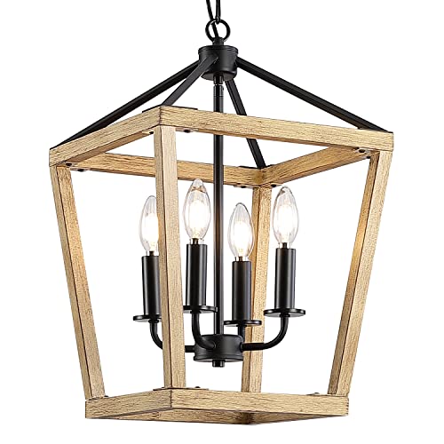 4 Lights Farmhouse Chandelier,Modern Rustic Lantern Pendant Light,Black Metal+Oak Wood,Vintage Light Fixtures For Foyer, Dining Room,Living Room,Kitchen Island,Height Adjustable,E12 Bulb,12.6”H18.1” #TOP6