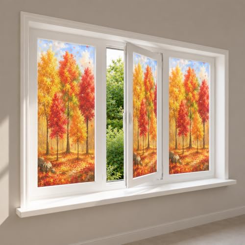 Image of Nuxovilar Fall Window Cling 17.7 x 39.4 in, White Frosted Maple Forest | White frosted PVC helps obscure views for privacy, with red, orange and golden maple trees in a colorful autumn woodland