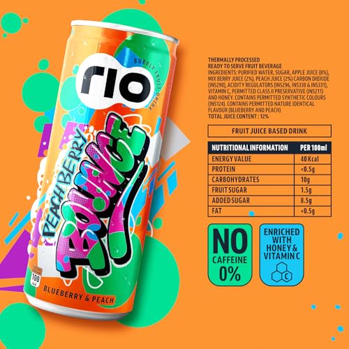Image of Rio Blueberry Bubbly Fruit Drink Can | Soft Drink | Exotic Fruit Juice + Fizz | Rich In Vitamin C and Honey | Pack of 24 | 250 ml