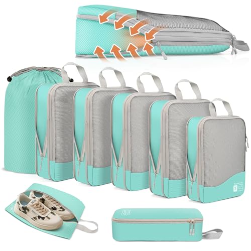 VnioLife Compression Packing Cubes 8 St&uuml;ck, Koffer Organizer Kompression, Packw&uuml;rfel Packtaschen Kompression, Packtaschen f&uuml;r Koffer Kompression, Packing Cubes Backpack, Reise Organizer Set (Blau)