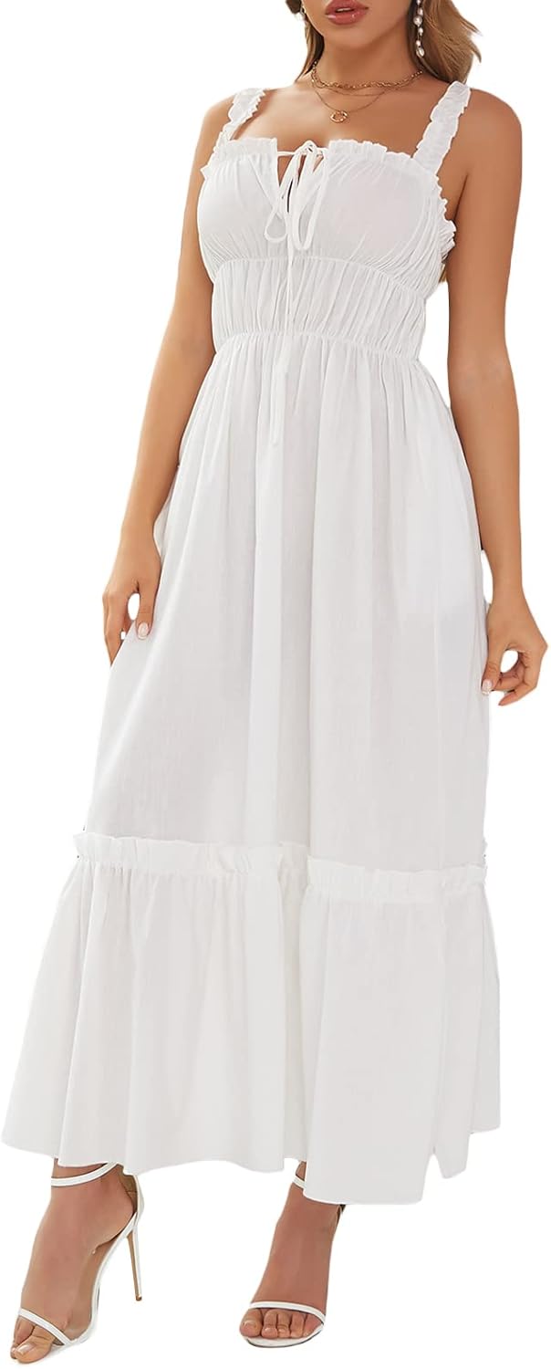 IMISSILLEB Women Flowy Bodycon Dress Cutout Spaghetti Strap Backless Low Cut Maxi Dress Club Cocktail Ruffle Hem Swing Dress - Image 4