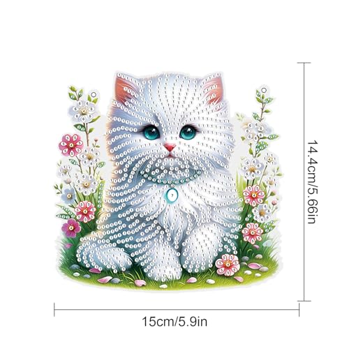 Image of White Cat Diamond Painting Hanging Kit, 5D DIY Acrylic Diamond Art Pendant with Special Shaped Rhinestones, Stained Glass Style Wall, Door or Window Decoration, Handmade Craft Gift for Adults