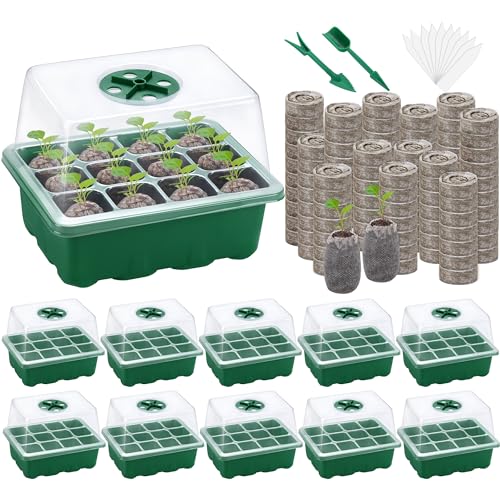 Hahood 10 Sets Seed Starter Tray Kit Seed Starter Trays with Humidity Dome and Base Include 120 Peat Pellets 200 Plant Labels Garden Tools Plant Germination Tray Set for Indoor Outdoor Planting, Green
