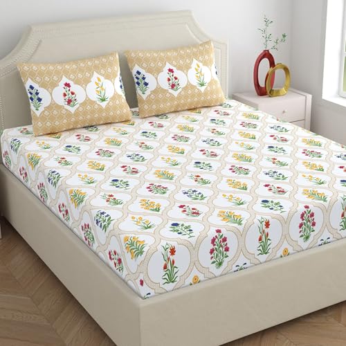 Image of Home Ecstasy 100% Cotton Double Bedsheet with 2 Pillow Covers - (Size 87 x 94 inches, 140 TC, Colour - Beige: Caramel Mist)