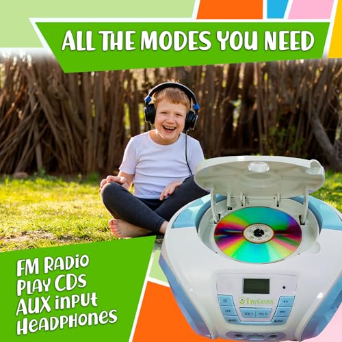 Image of TinyGeeks Tunes Kids Boombox CD Player for Kids - NEW 2023 - FM Radio - Batteries Included - Cute white Radio cd Player with Speakers for Kids and Toddlers - Blue | Colourful disco lights for dancing fun and make a great gift, blue