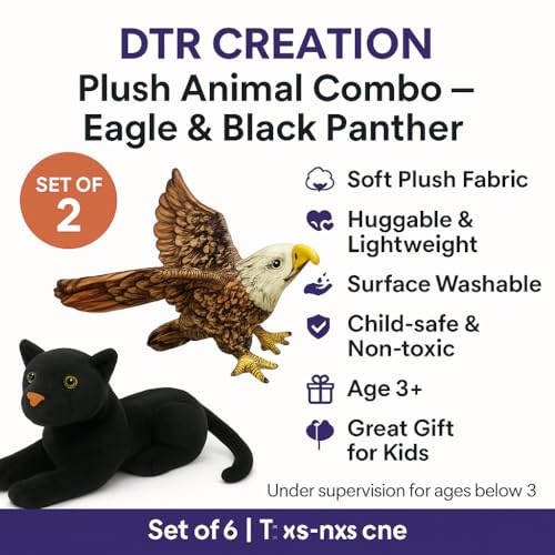 Image of Cute Eagle & Panther Plush Toy Combo - 30 cm Soft Stuffed Animals for Kids | Super Soft & Huggable for Boys & Girls (Pack of 2)