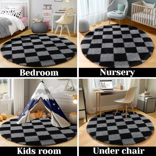 Image of KICMOR Round Rugs 6ft Black and Grey Circle Area Rug, Fluffy Soft Fuzzy Shag Shaggy Bedroom Living Room Carpet, Indoor Checkered Circular Rug for Teen Kids Boys Girls Home Decor Aesthetic, Nursery