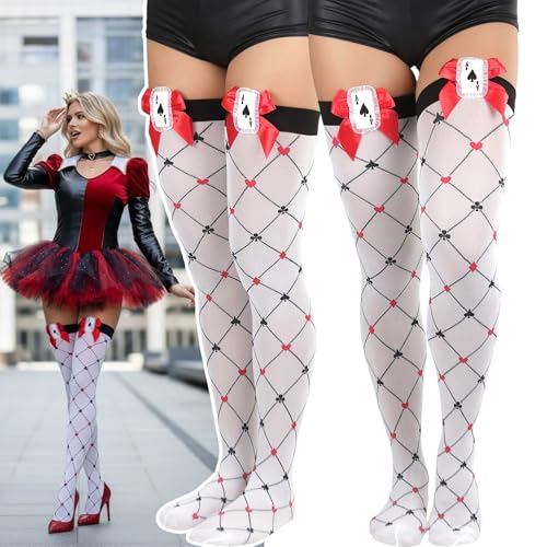 Image of ToBeInStyle Women's Harlequin Jester Thigh High Stockings Playing Card Checkered Opaque Halloween Costume Hosiery