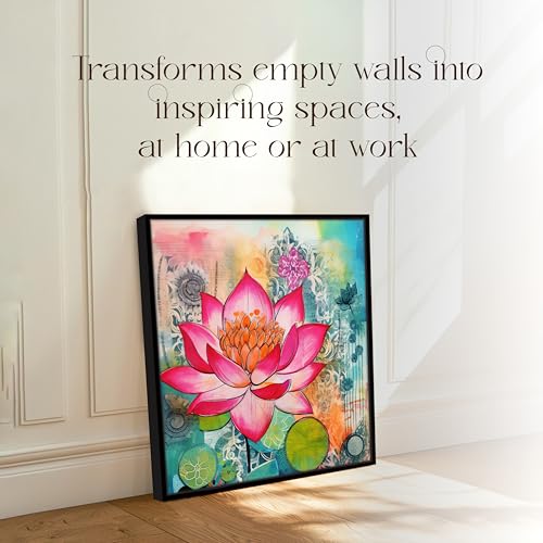 Image of PAINTINGMANTRA Multicolor Abstract Stretched Canvas Framed Painting Wall Art for Living Room Bedroom Office Cafe - Pink Green Orange Lotus Abstract Framed Canvas Wall Decor Painting Frame (58x58 cm)