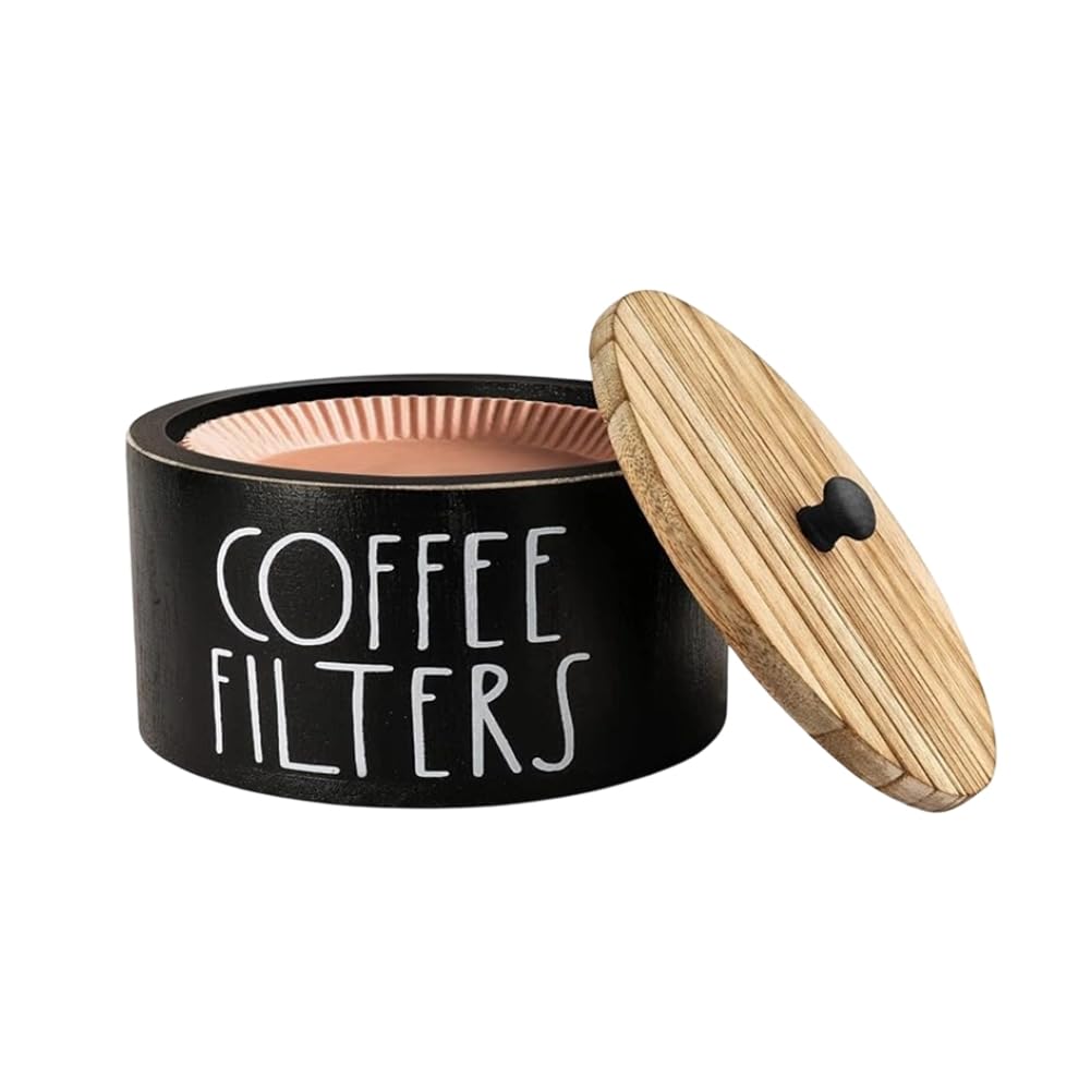 Ijsdnvjndx Black Coffee Filter Dispenser With Lid, Wood Coffee Filter Storage Container Holder, Rustic Farmhouse Filters Organizer Basket