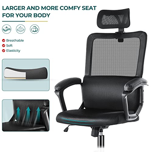 Smug Ergonomic Mesh High Back Computer Adjustable Headrest,Lumbar Support, Tilt Function,Swivel Rolling, Soft Pu Armrest Task Home Office Desk Chairs, Black #TOP4