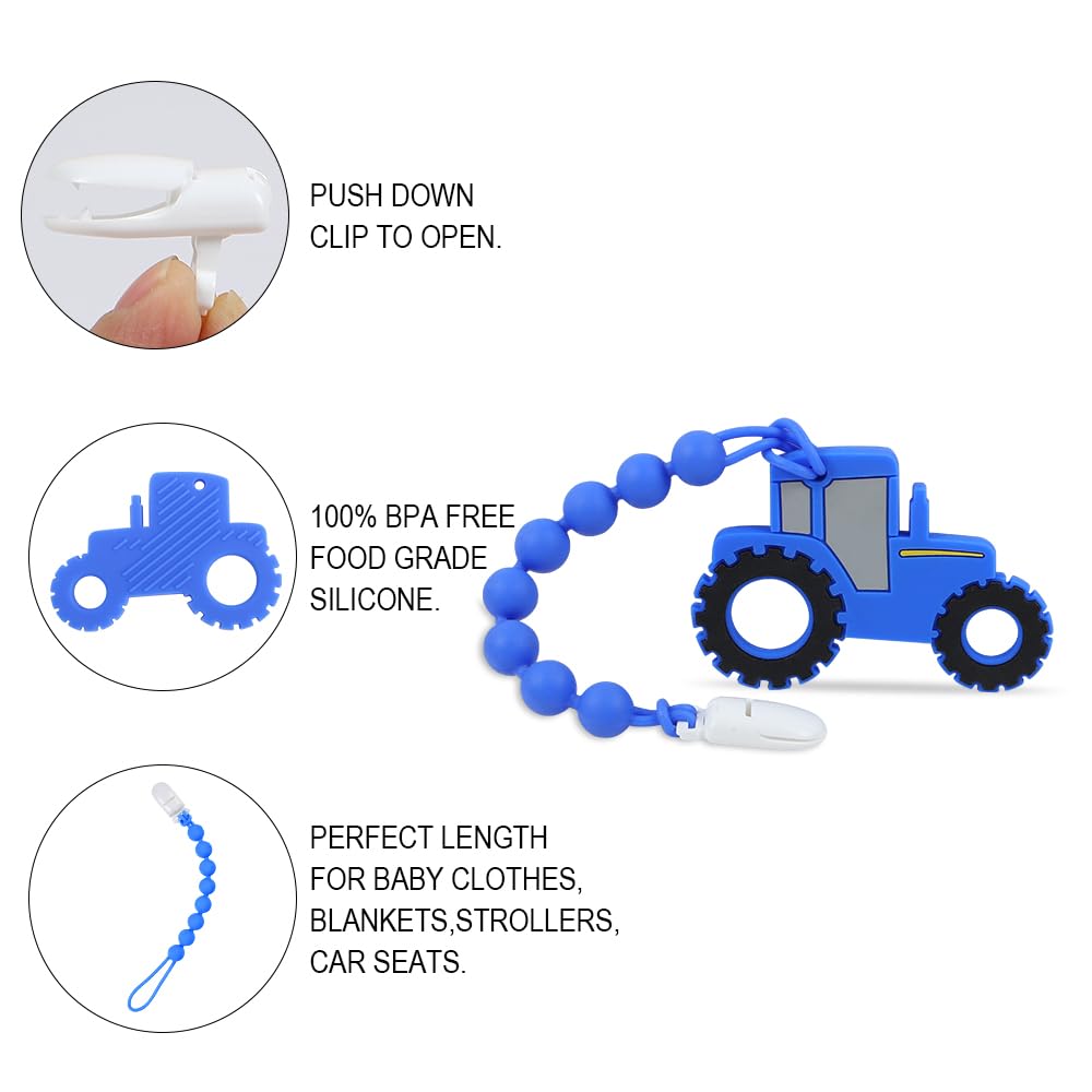 Baby Tractor Teething Toys,Food Grade Silicone Teether with One-Piece Pacifier Clip Holder,Highly Effective Pain Relief for 3 Months+ Boy and Girl,BPA Free,Freezer Safe. (Blue)