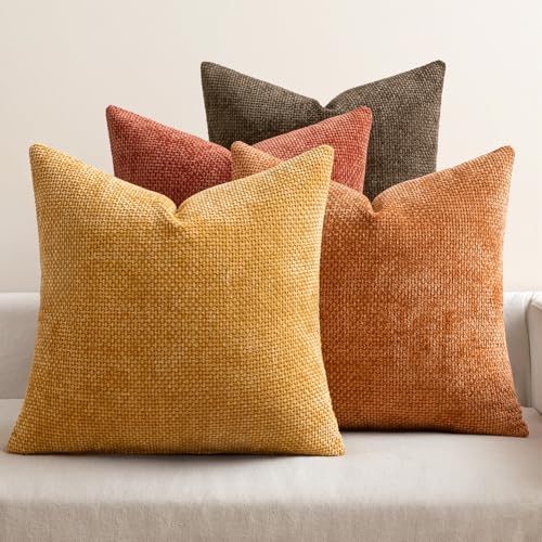 Image of MIULEE Pack of 4 Orange /Yellow Couch Throw Pillow Covers 20x20 Inch Halloween Soft Decorative Chenille Pillows Farmhouse Accent Cushions for Boho Home Decor Spring Sofa Bedroom Living Room