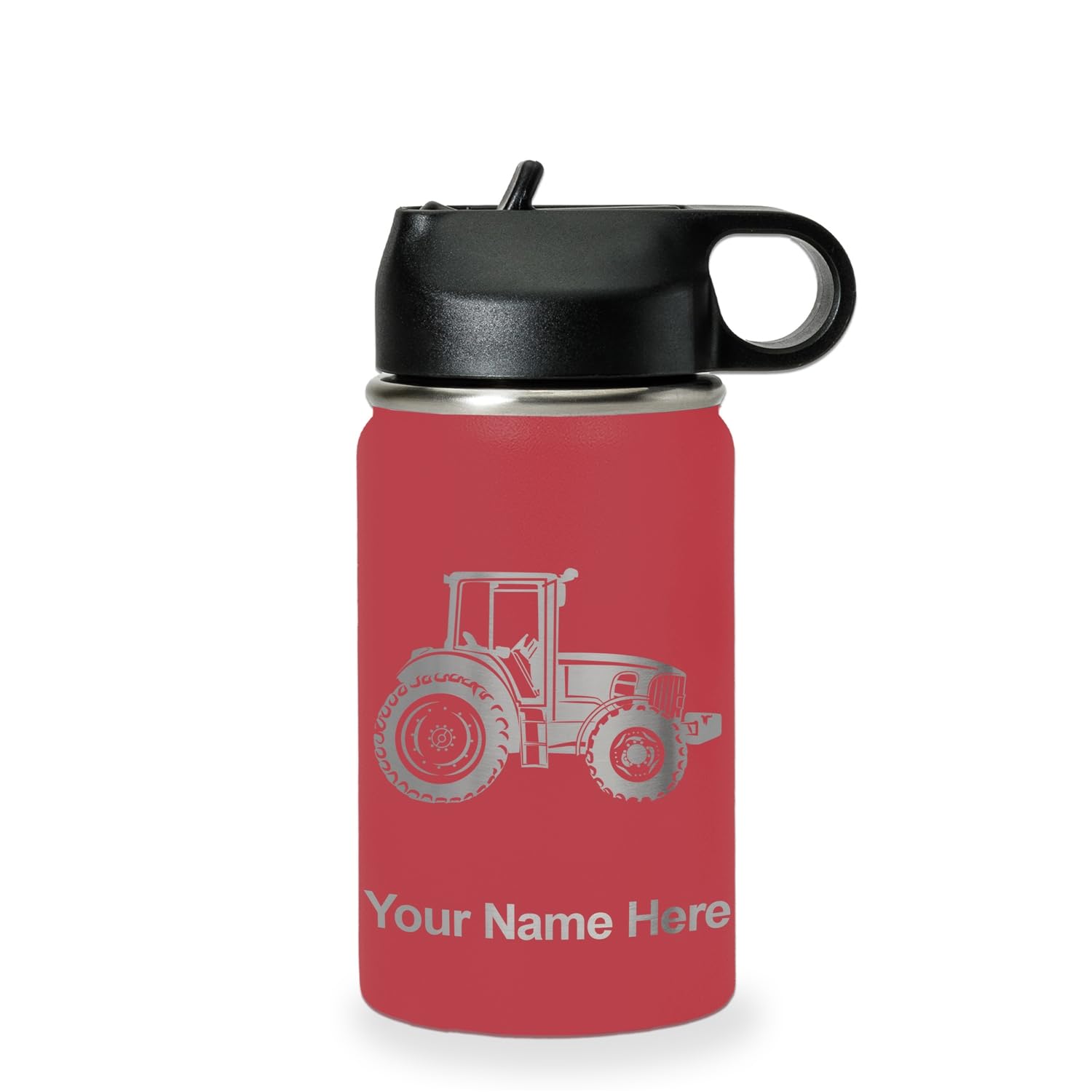 LaserGram Personalized Water Bottle, Farm Tractor, Stainless Steel Double Wall Vacuum Insulated with Flip Top Straw, Custom Engraved Gift (12oz /