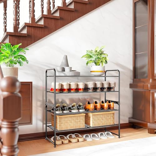Image of Standard Shoe Rack 2-Tier 32.5 Inches Wide, Free Standing Shoe Organizer for Indoor Outdoor | Adjustable Heavy-Duty Metal Shelf Ideal for Home Entryway Closet & Garage Balcony | Black