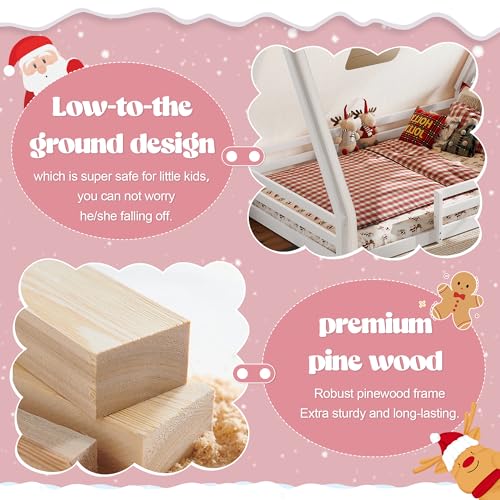 Image of CZBZ Full Size House Floor Bed with Canopy Tent and LED Lights, Wood Teepee Montessori Floor Beds Frame with Guardrails for Kids, Playhouse Design for Safe Sleep & Imaginative Play