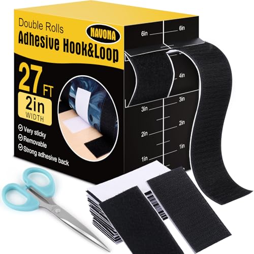 Navona 27Ft x 2 Inch Hook and Loop Strips with Adhesive Heavy Duty Self Adhesive Tape with Back Strong Sticky Back Fastener Roll for Home Office School Crafting Black