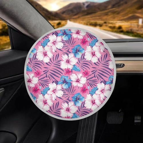 Image of Pink Hibiscus Steering Wheel Cover Sunshade Car Interior Accessories for Sun Heat Steering Wheel Cover Protector Reflect UV Sun and Heat Universal Steering Wheel Shield