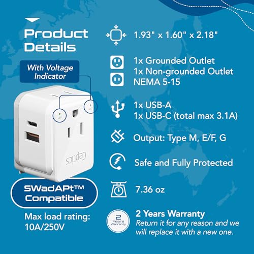 Image of Ceptics South Africa Power Adapter Travel Set - 20W PD & QC, Fast & Safe with Dual USB & USB-C - 2 USA Outlet - Use All Over Africa, Zimbabwe, Morocco - Includes Type E /F, M, G SWadAPt Attachments