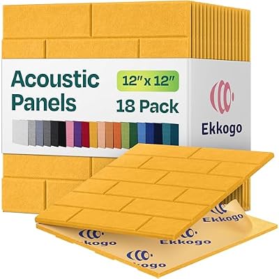 Ekkogo Acoustic Wall Panels 18-Pack, 12"x12"x0.4" Decorative Self-Adhesive Sound Proofing | High Density 3D Brick Soundproof Absorbing Tiles for Walls, Home, Office & Studio - Yellow Orange Gold