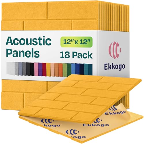 Image of Acoustic Wall Panels 18-Pack, 12 inchx12 inchx0.4 inch Decorative Self-Adhesive Sound Proofing | High Density 3D Brick Soundproof Absorbing Tiles for Walls, Home, Office & Studio - Yellow Orange Gold