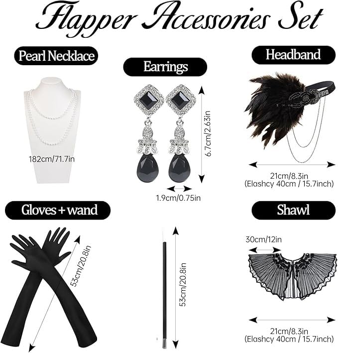 1920s Flapper Accessories Set for Women, Roaring 20s Great Gatsby Headband Flapper Costume Accessories Harlem Nights Accessories for Women with Shawl Feather Headpiece Necklace Earrings Long Gloves