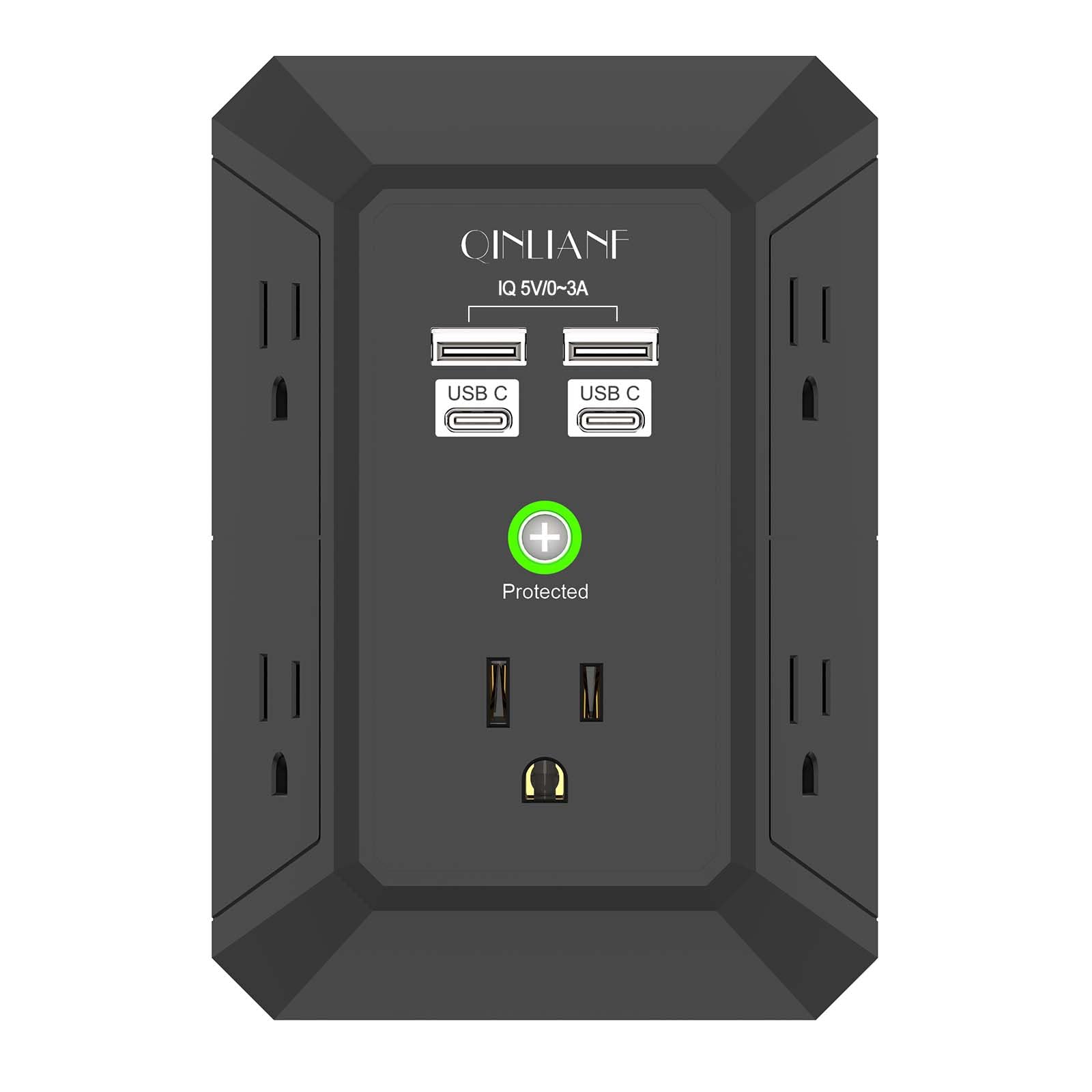 USB Wall Charger, Surge Protector, QINLIANF 5 Outlet Extender with 4 USB Charging Ports(2U2C) 3-Sided 1680J Power Strip Multi Plug Outlets Wall Adapter Spaced for Home Travel Office,Black
