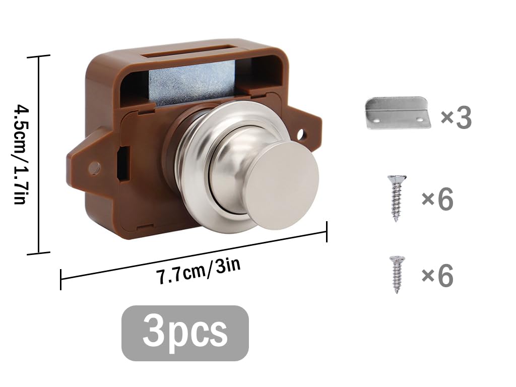 Anlising 3 Piezas Cerradura Puerta Boton, Botón de Cierre para Cajones, Botón Pulsador Gabinete, Push Lock, Cerradura de Pestillo con Botón Pulsador, para Autocaravana, Armario, Puerta (Marrón)