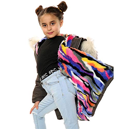 Veste à capuche fourrure arc-en-ciel pour fille coloris olive tendance