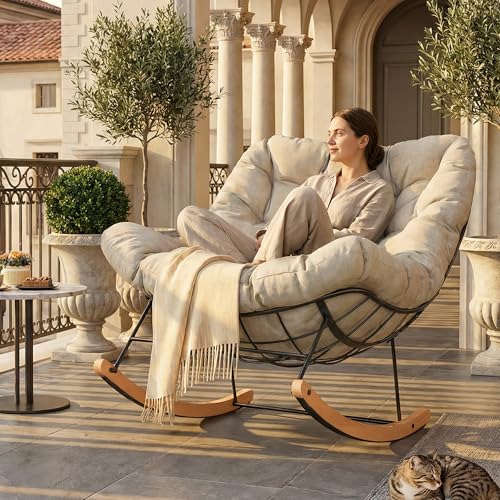 FLEXISPOT Rocking Chair Indoor Outdoor, Oversized Papasan Chair with Thick Cushion, Reclining Lounge Armchair, Metal Frame & Wooden Base, Accent Rocker for Patio Garden Balcony Living Room