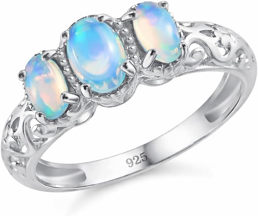 Sterling Silver 925 Opal Ring, Three Stone Design with Filigree Band