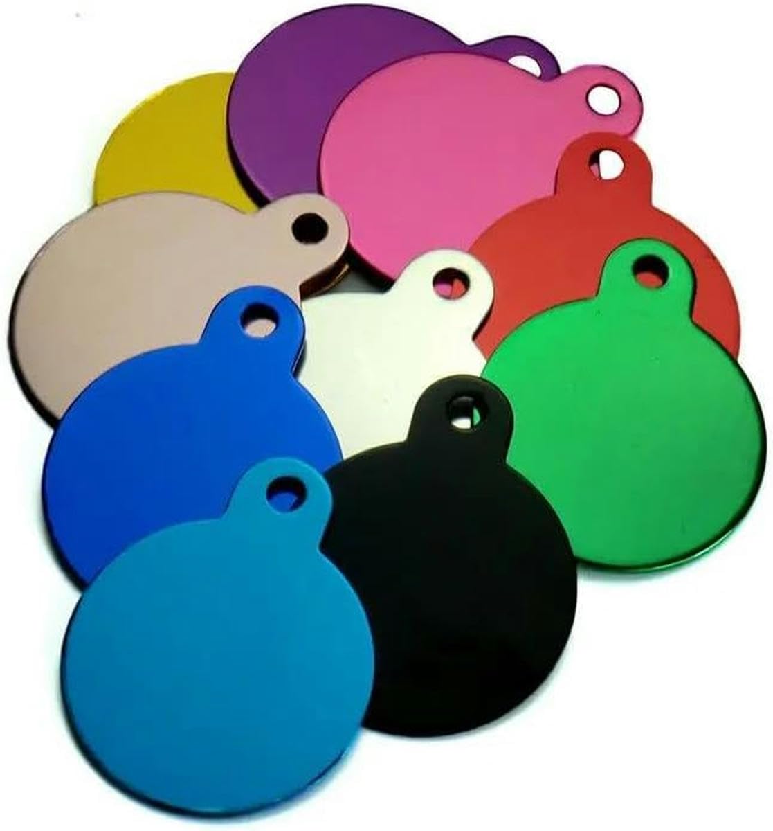 Lot de 100 étiquettes rondes en aluminium pour animaux de compagnie, personnalisables, pour identification de chien, en fourrure, vierges, avec nom et adresse, numéro de téléphone, gravées sur mesure