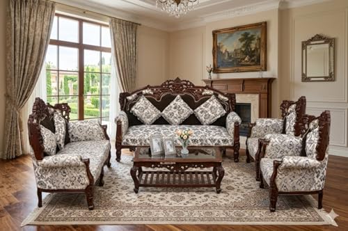 Image of Wooden 8 Seater Sofa Set | 3+3+1+1 Solid Wood Hand-Carved White Brown Sofa | Traditional Design Furniture for Living Room | Home | Office