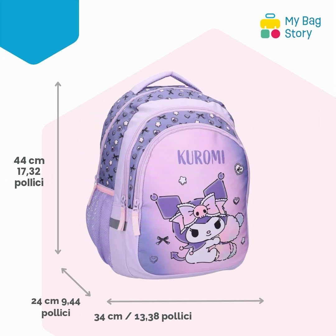 mybagstory Zaino Kuromi Viola Ufficiale Sanrio | Zaino scolastico grande capacità per la scuola elementare | Zaino Kawaii leggero e resistente | Idea regalo per rientrare e tempo libero da 5 anni