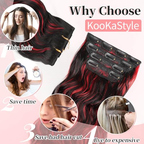 Image of KooKaStyle Wavy Thick Clip in Hair Extensions 20 inch Black Mix Red Highlights